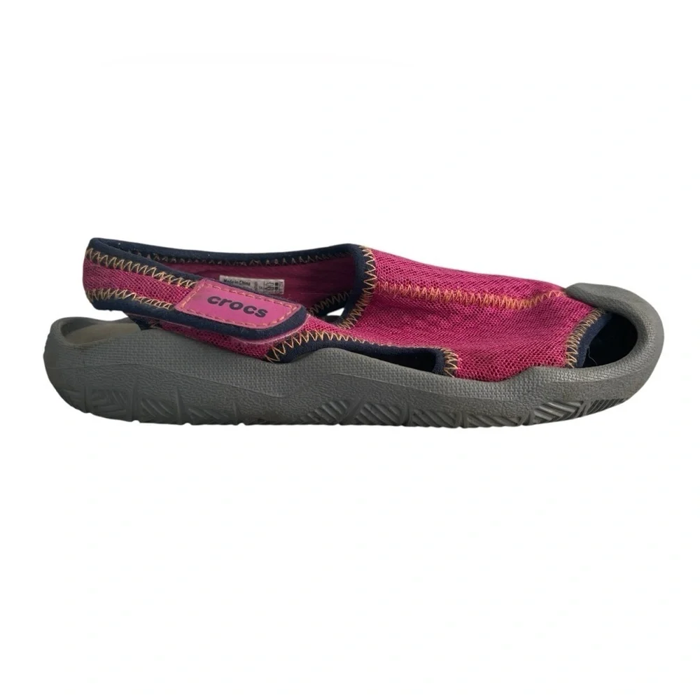 CROCS Pink and Gray Water Shoes with Velcro Closure Kids Sz 2